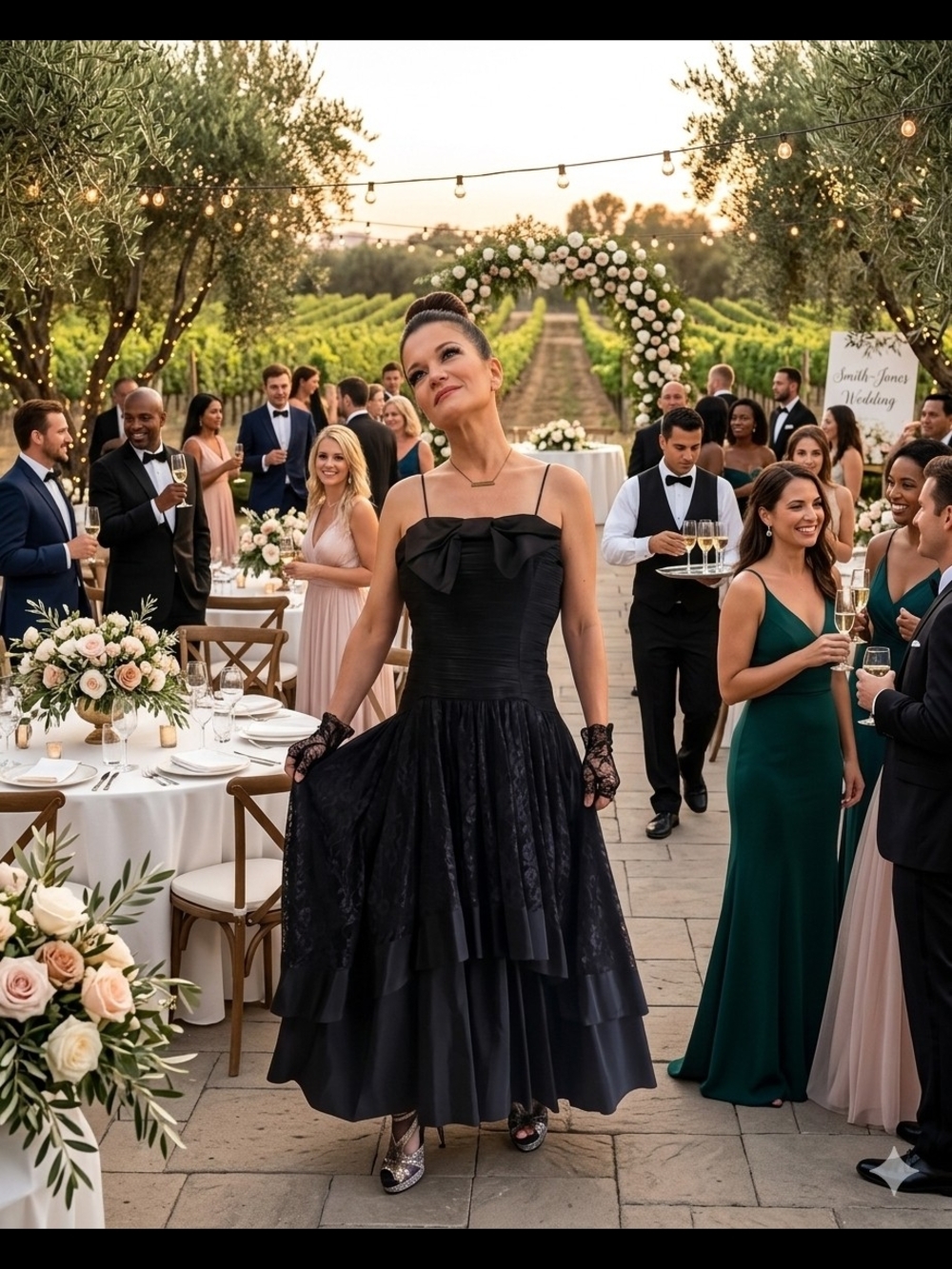 Elegant Black Midi Wedding Guest Dress with Bow Detail